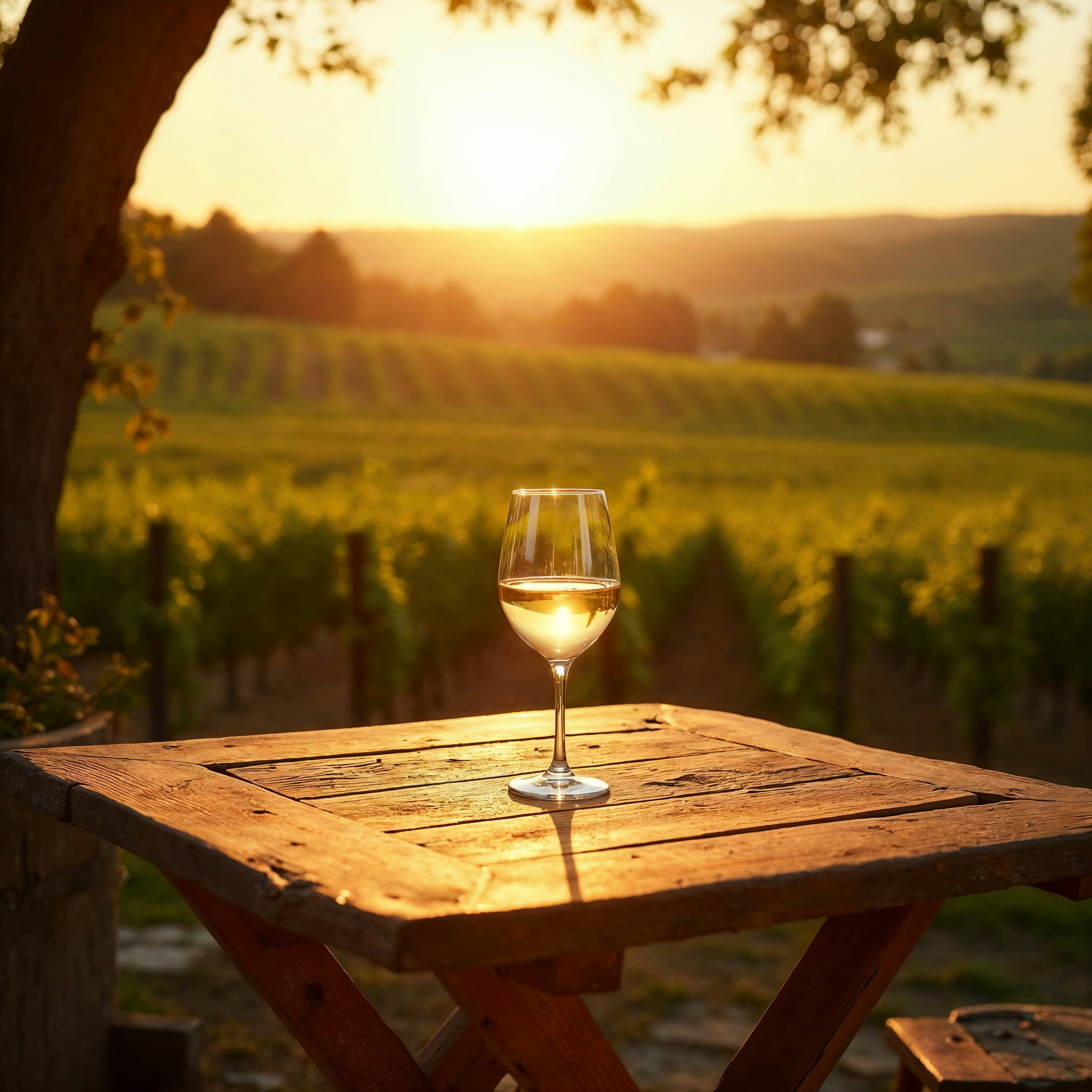 Et glas frisk Riesling hvidvin med vinmarker fra Mosel i baggrunden